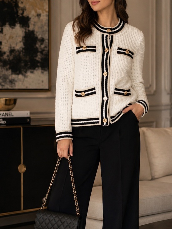 Sweaters - Cream & Black Waffle Knit Cardigan Sweater – Size Small